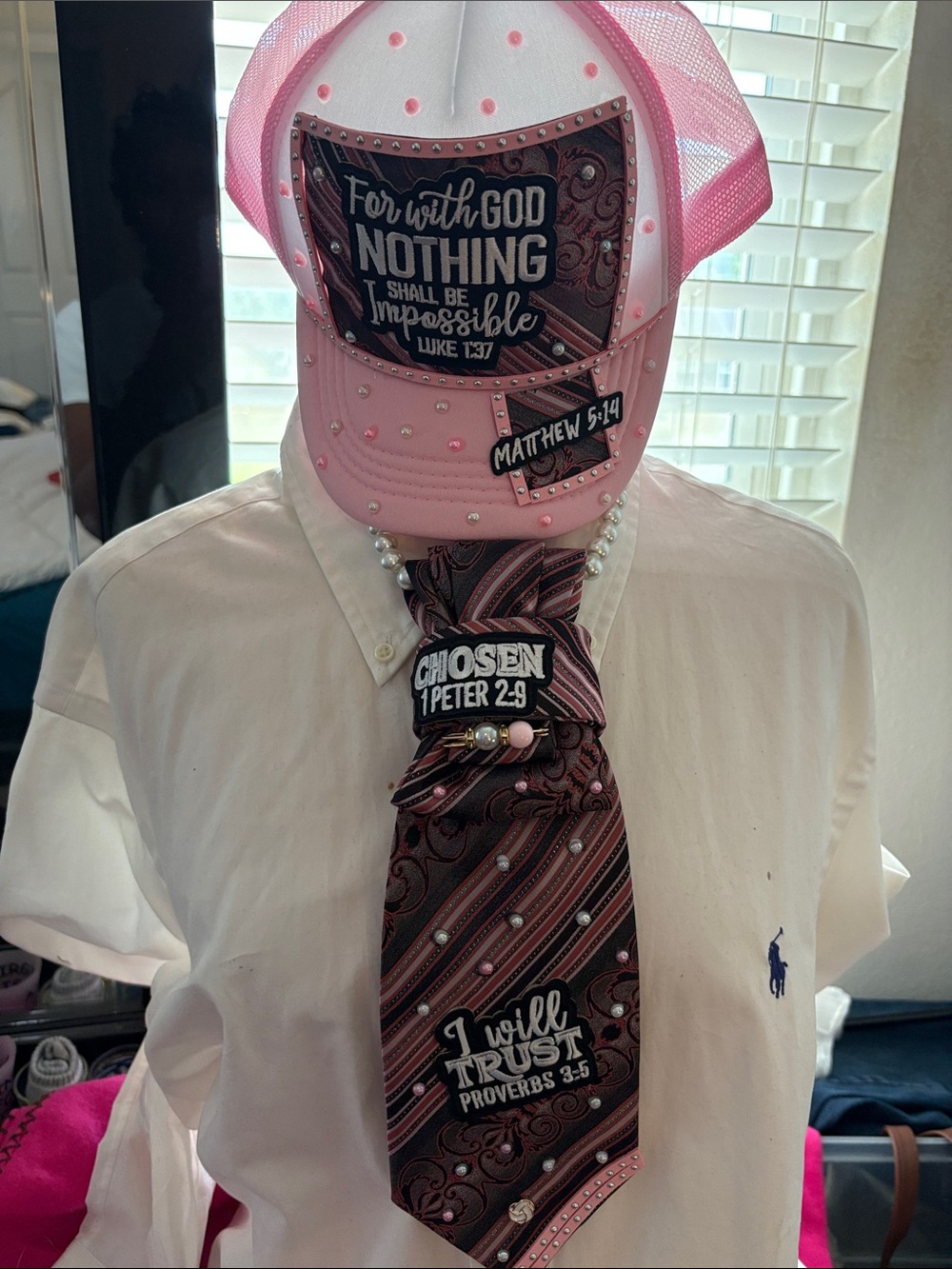 Hand Crafted Pink and Brown Inspirational Hat and Tie Set